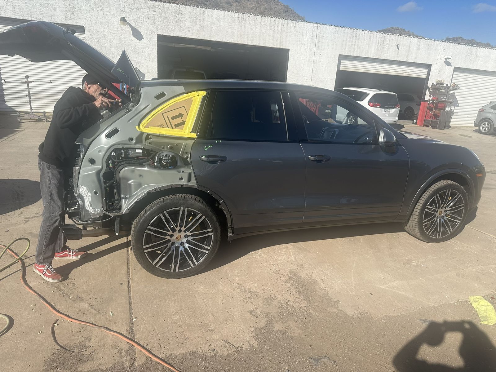 Porsche Cayenne before collision repair, quarter panel removed